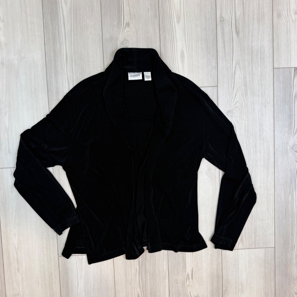 Chicos Travelers Black Open Front Cardigan Shawl Collar Slinky Knit Size 3 XL